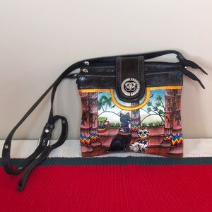 Vintage Sharif Painted Leather Egyptian Cat Design Crossbody